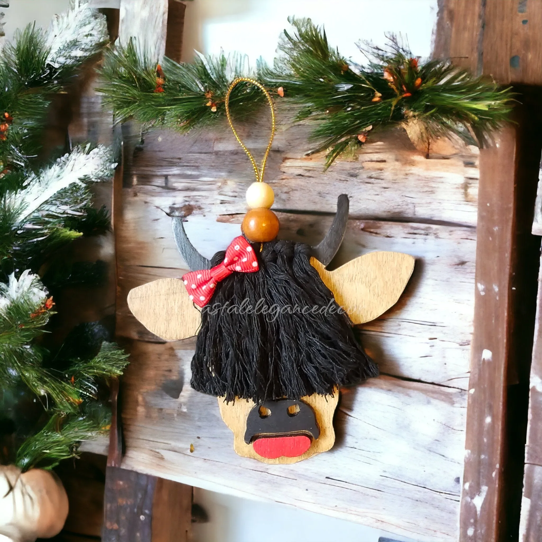 Scottish Girl Cow Barnyard Animal with Polka Dot Hair Bow and Lipstick Wooden Ornaments