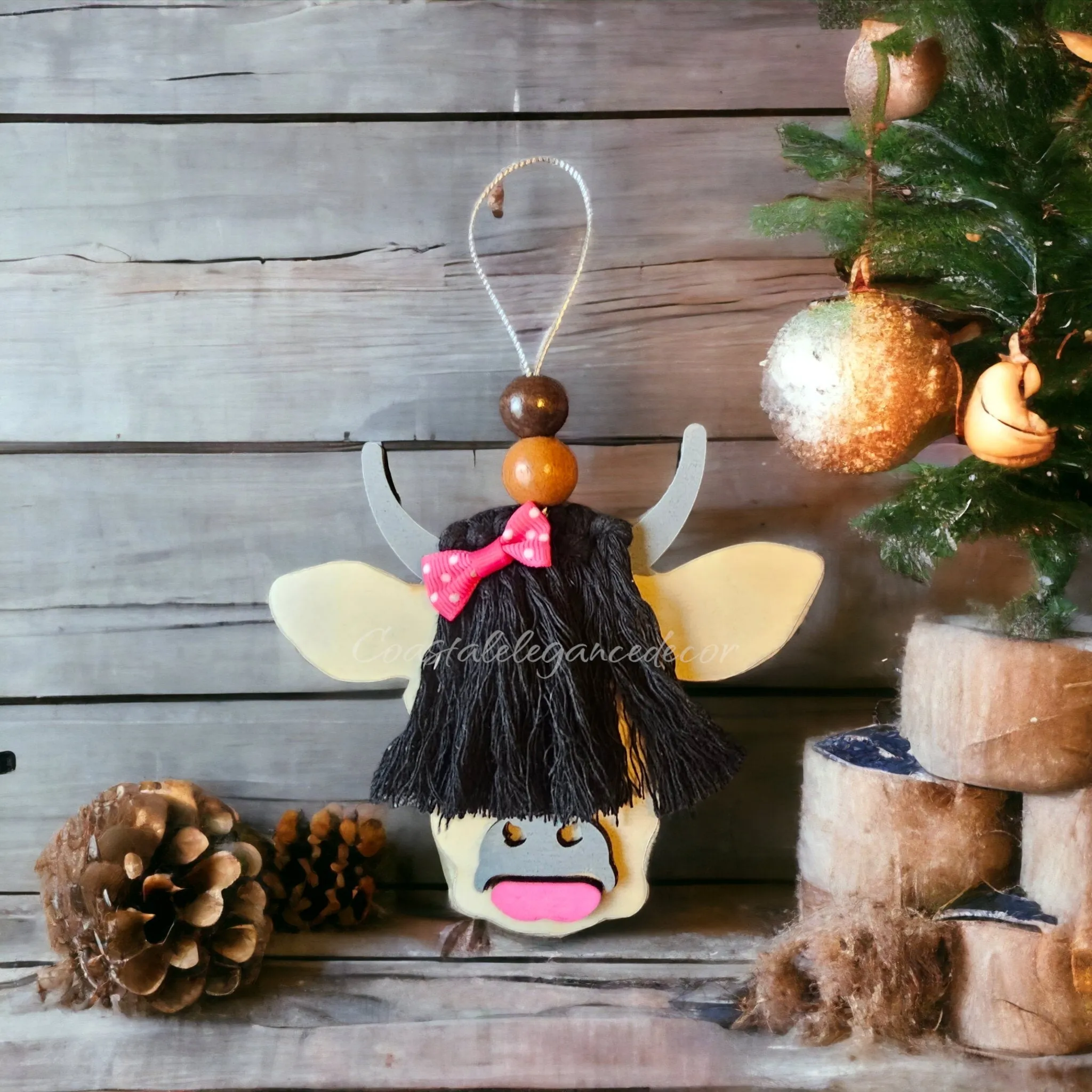 Scottish Girl Cow Barnyard Animal with Polka Dot Hair Bow and Lipstick Wooden Ornaments