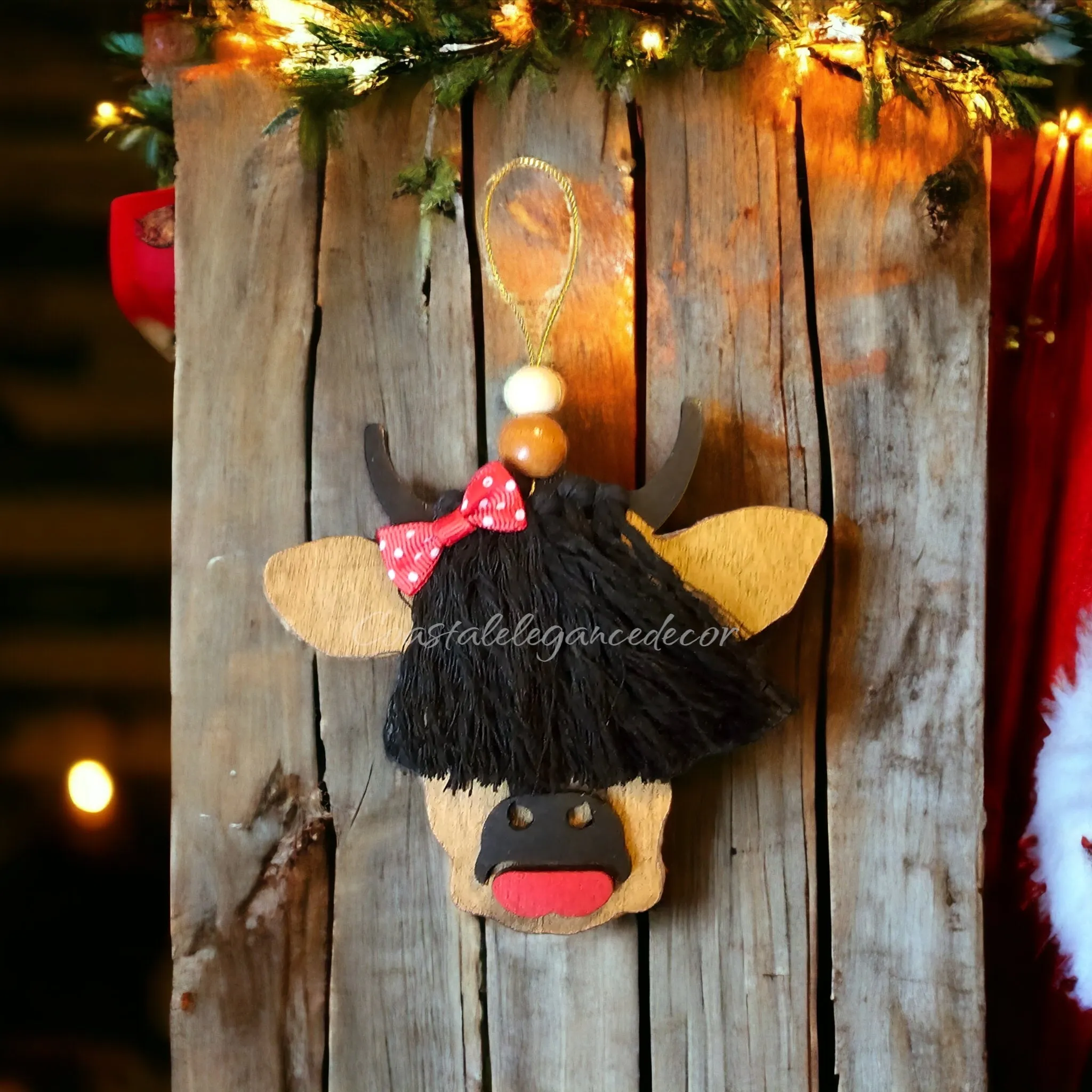 Scottish Girl Cow Barnyard Animal with Polka Dot Hair Bow and Lipstick Wooden Ornaments