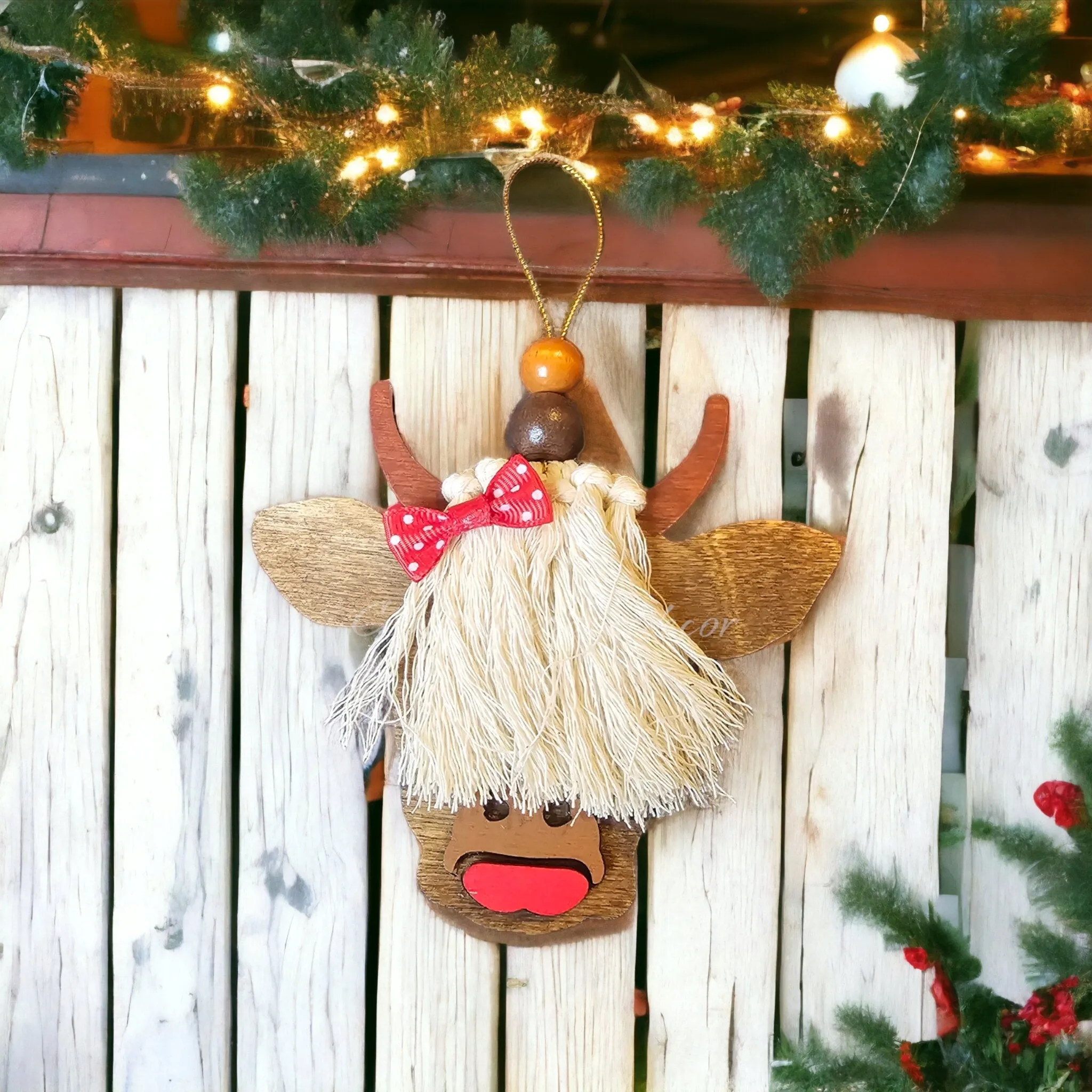 Scottish Girl Cow Barnyard Animal with Polka Dot Hair Bow and Lipstick Wooden Ornaments
