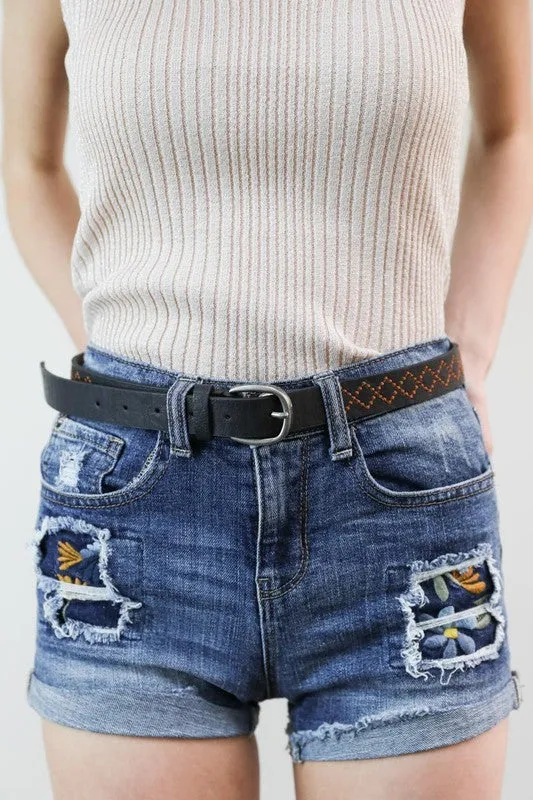 Skinny Embroidered Faux Leather Belt (Various colors)(online only)