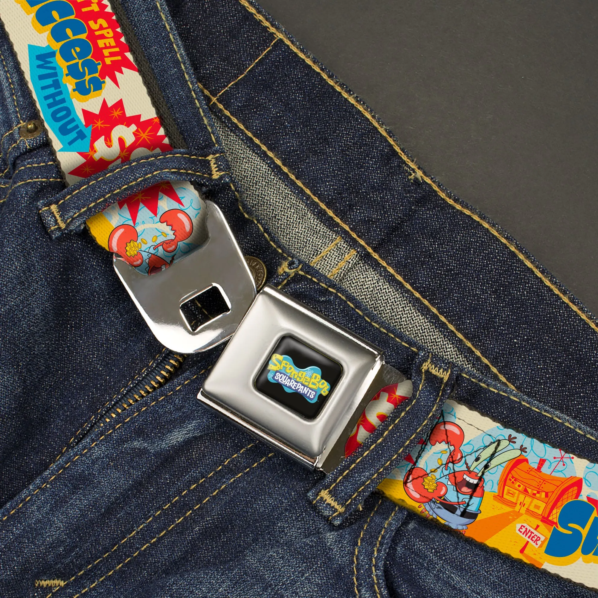 SpongeBob SquarePants Logo Full Color Black/Blues Seatbelt Belt - SpongeBob SquarePants Mr. Krab Krusty Krab SUCCCE$$ Collage Ivory/Multi Color Webbing