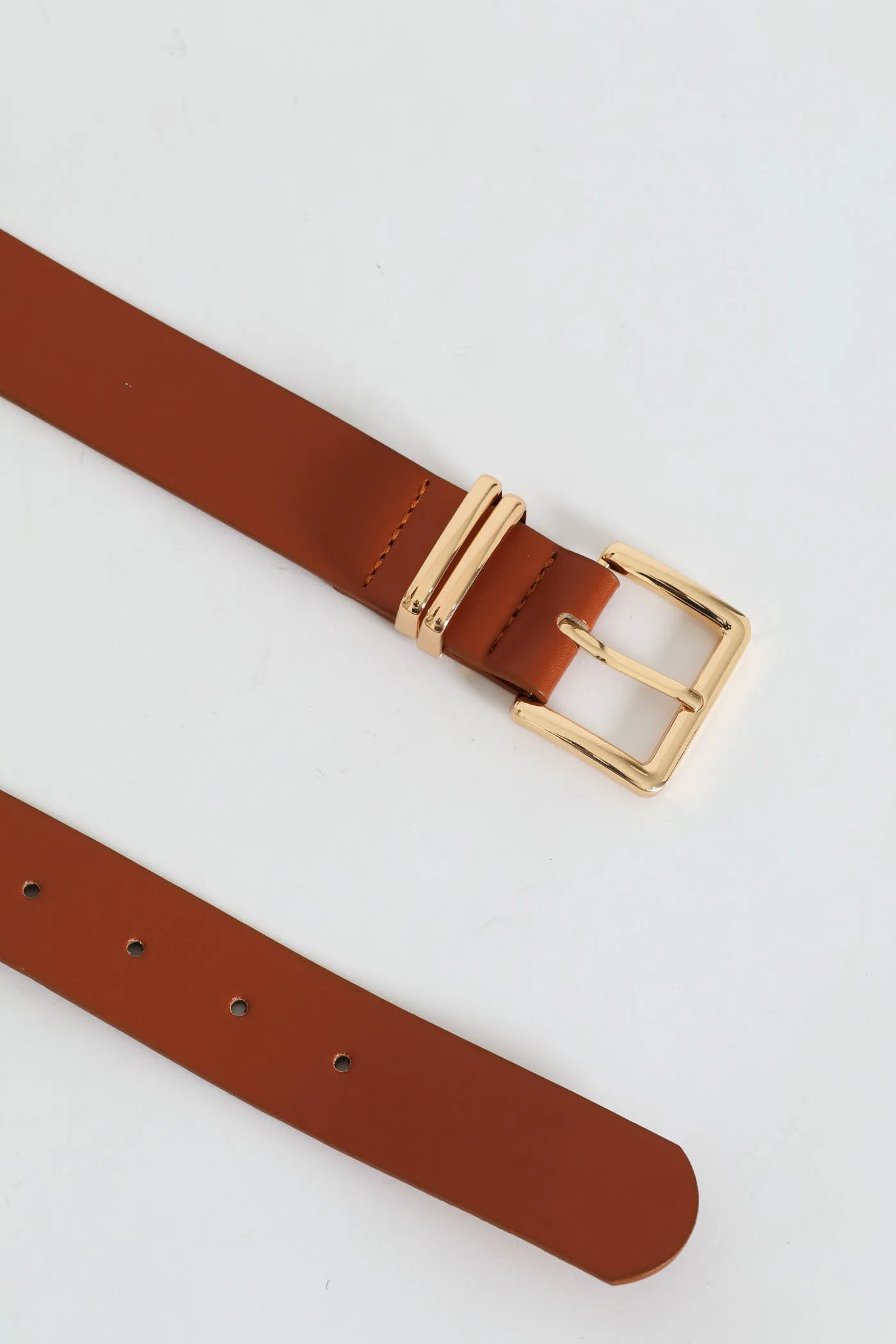 Square Gold Buckle Double Loop Core Belt - Tan
