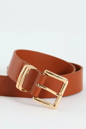 Square Gold Buckle Double Loop Core Belt - Tan