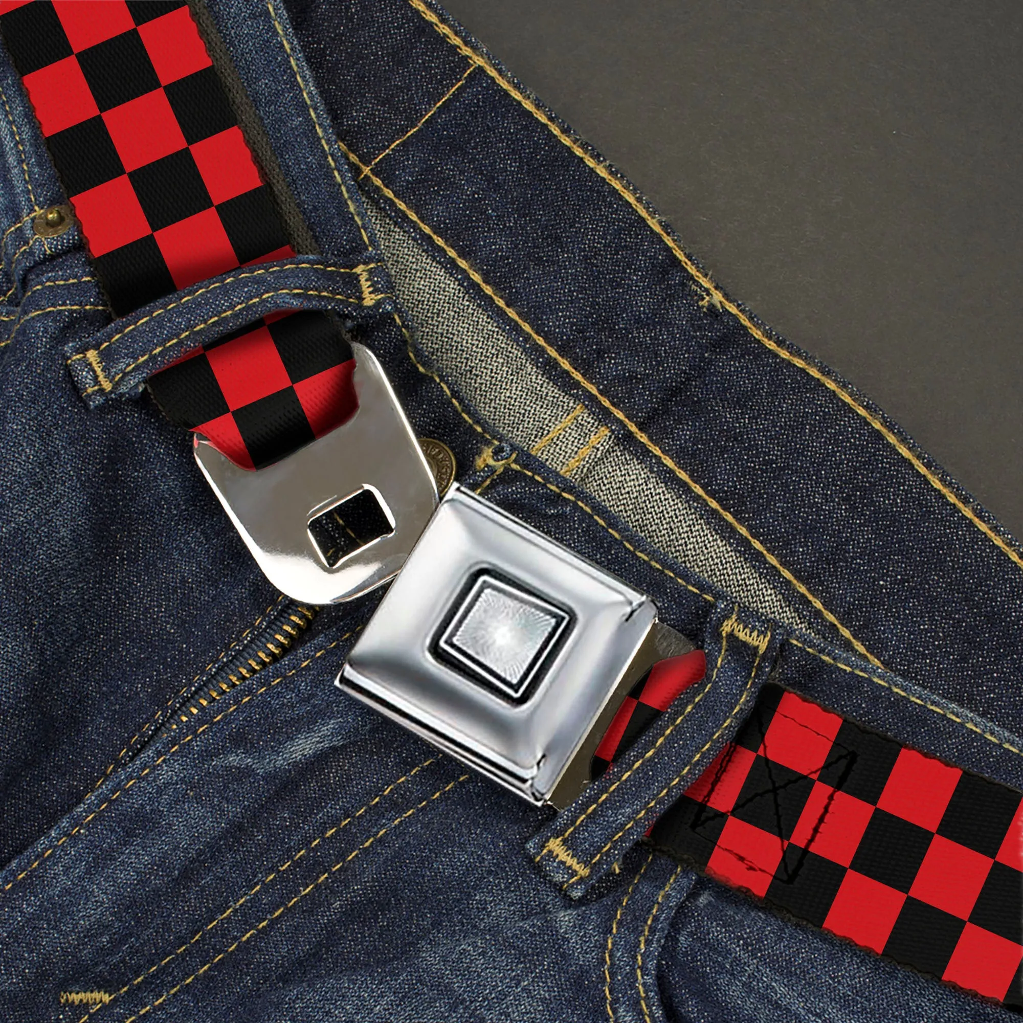 Starburst Seatbelt Belt - Checker Black/Red Webbing
