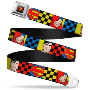Superman Shield Logo Full Color Black Seatbelt Belt - Superman Character Close-Up and Checker Blocks Multi Color Webbing