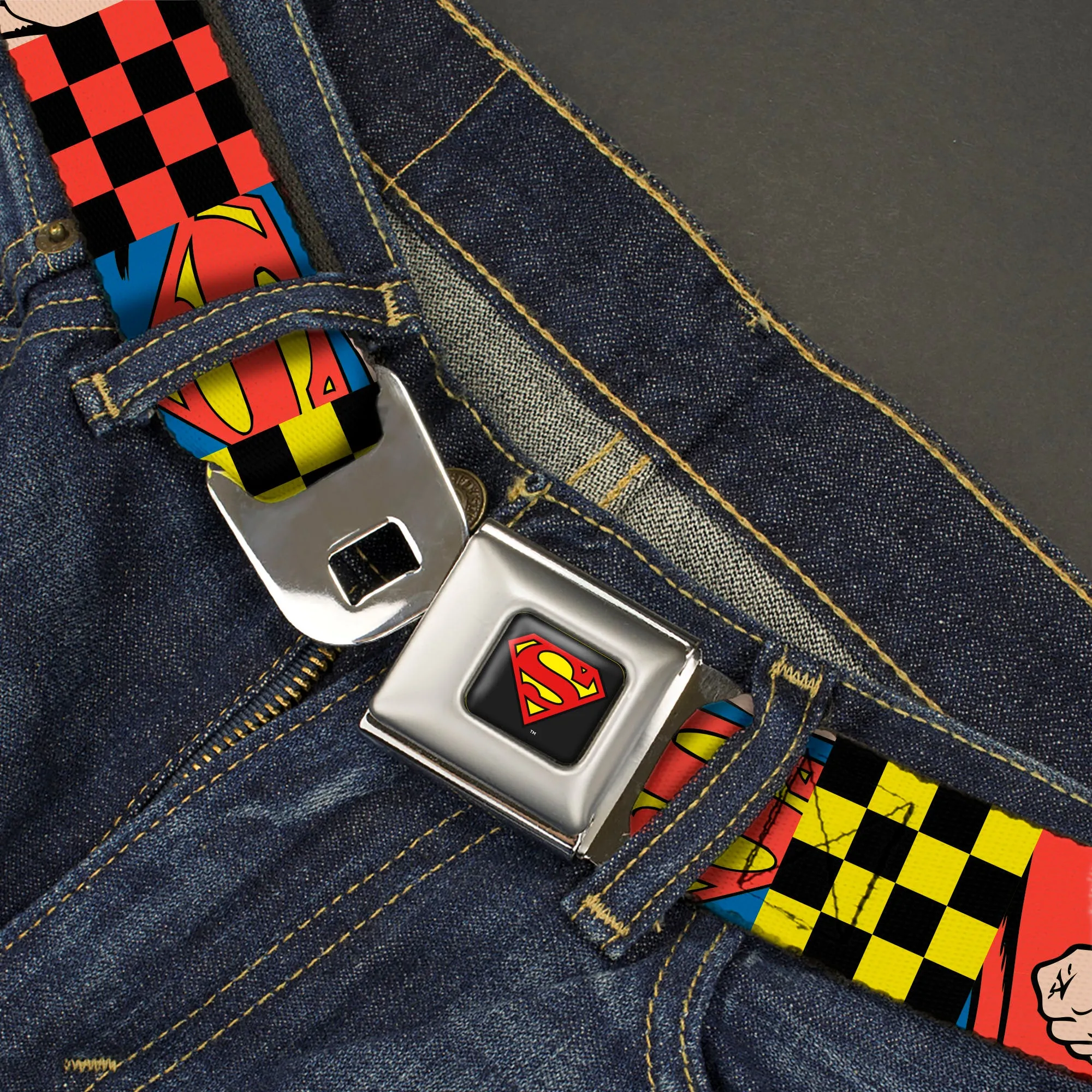 Superman Shield Logo Full Color Black Seatbelt Belt - Superman Character Close-Up and Checker Blocks Multi Color Webbing
