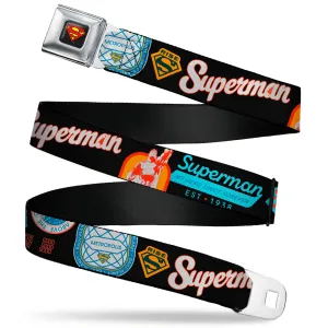 Superman Shield Logo Full Color Black Seatbelt Belt - SUPERMAN Icons and Text Collage Black/Multi Color Webbing