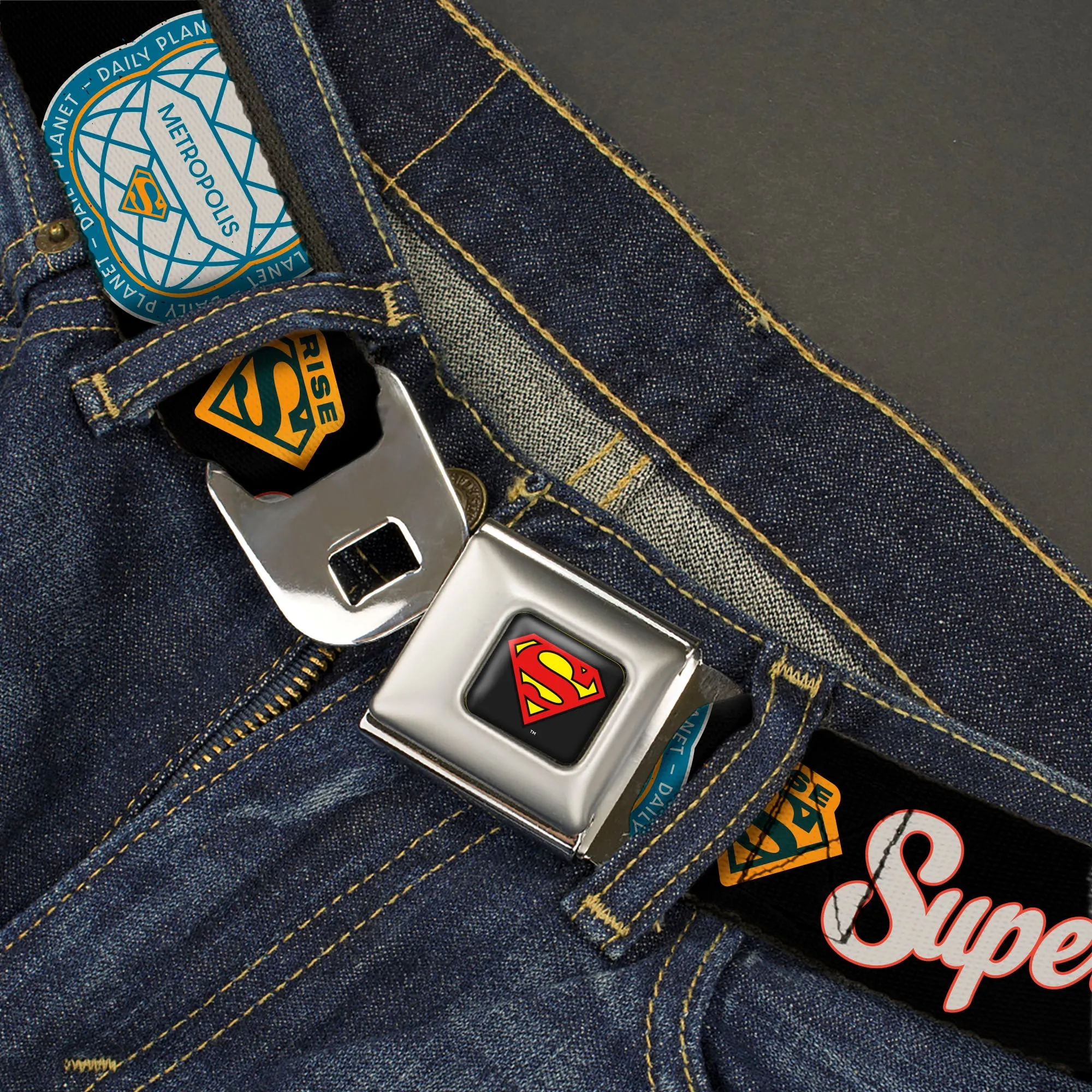 Superman Shield Logo Full Color Black Seatbelt Belt - SUPERMAN Icons and Text Collage Black/Multi Color Webbing