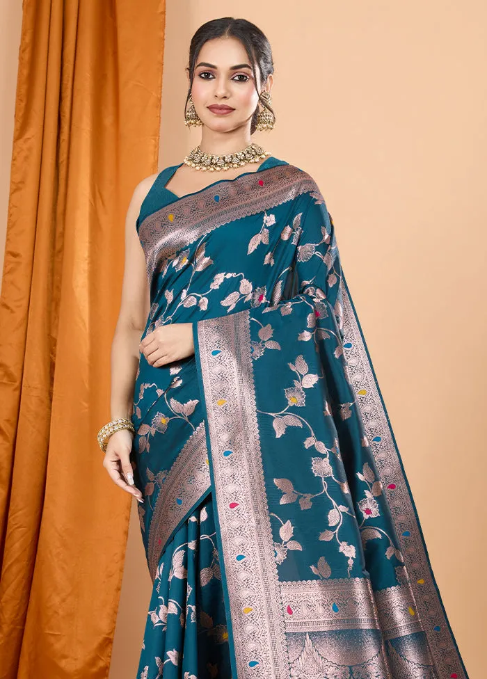 Teal Spun Silk Saree With Blouse Piece