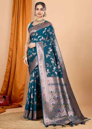 Teal Spun Silk Saree With Blouse Piece