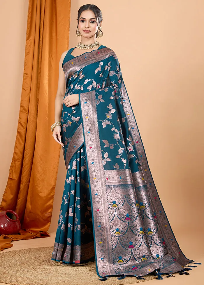 Teal Spun Silk Saree With Blouse Piece
