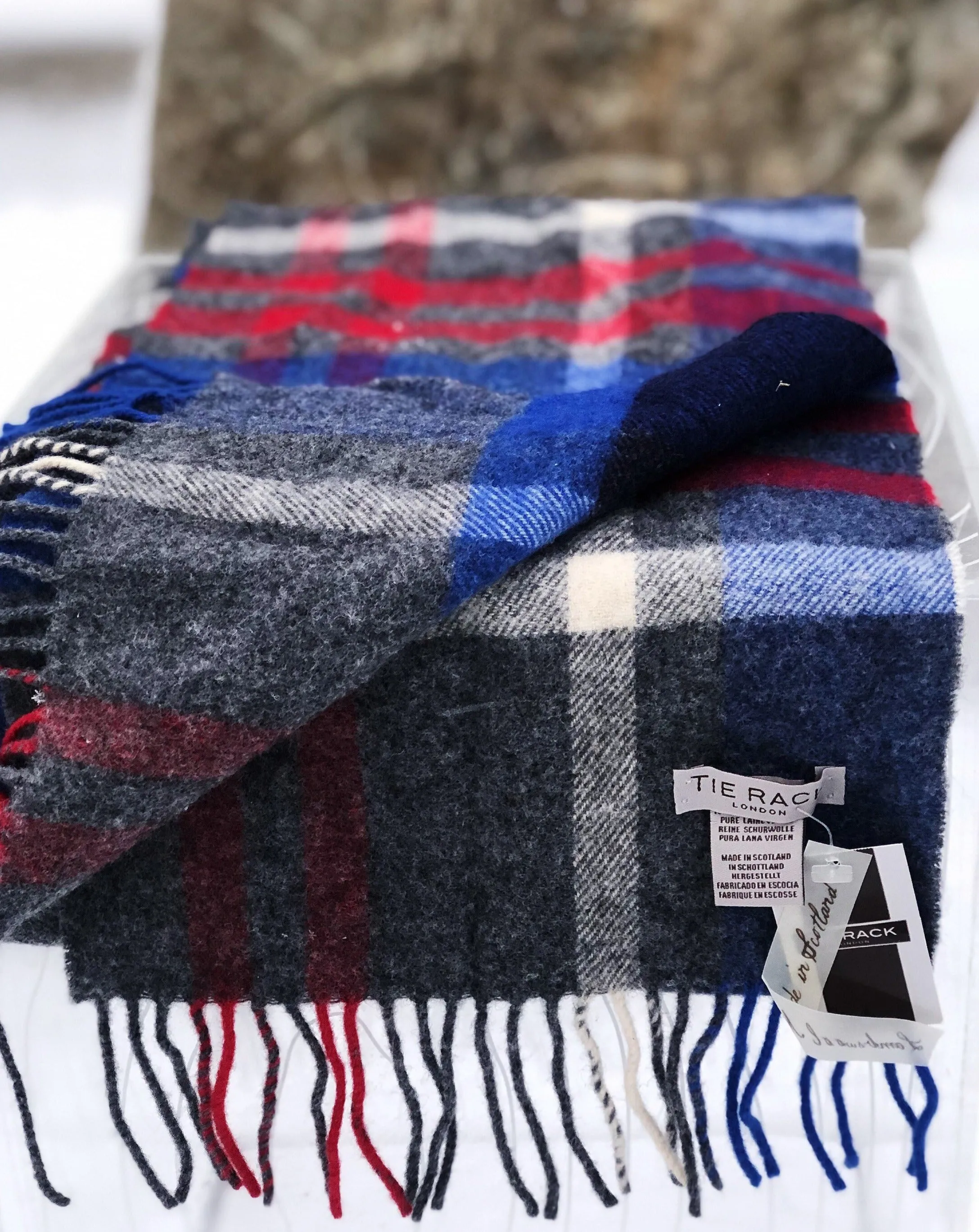 Tie Rack London Vintage Classic Grey, Blue and Red Winter Wool Scarf