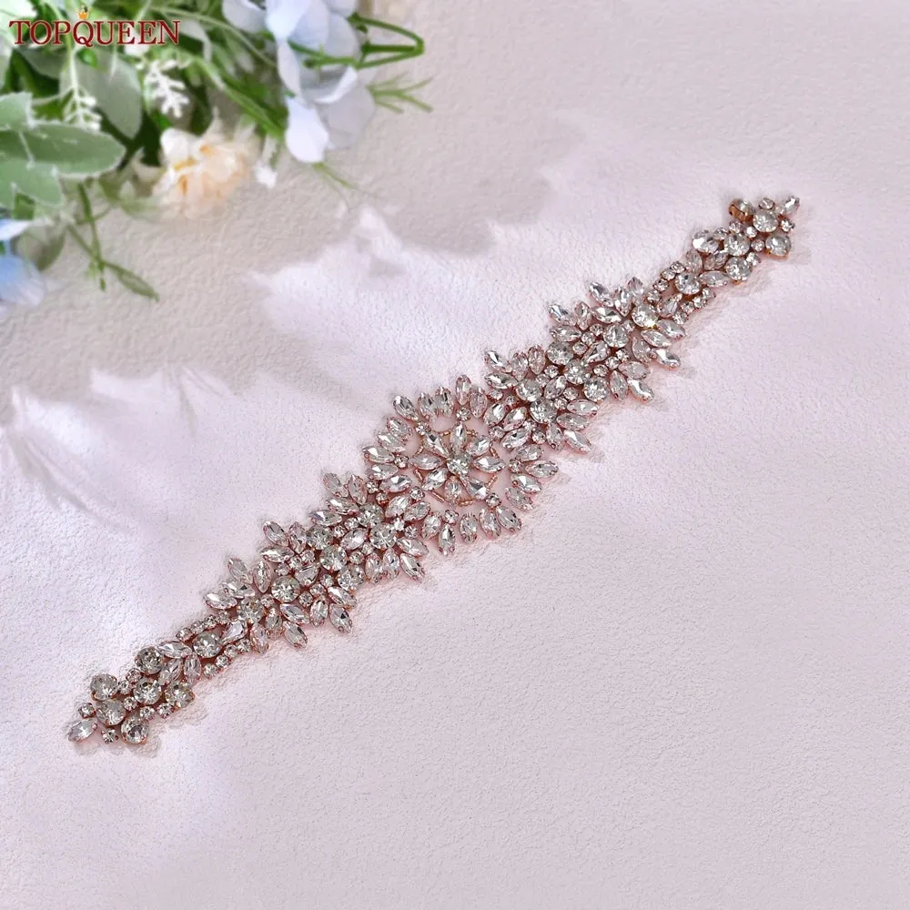 TOPQUEEN S319-RG Rose Gold Belt Full Rhinestone Ladies Wedding Party Stones Sash Women Dress Bride Accessories Gown Applique