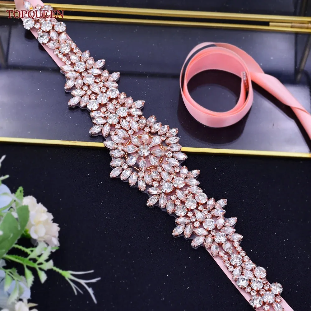 TOPQUEEN S319-RG Rose Gold Belt Full Rhinestone Ladies Wedding Party Stones Sash Women Dress Bride Accessories Gown Applique