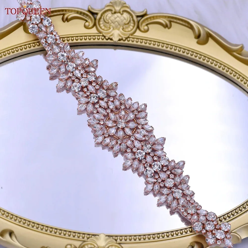 TOPQUEEN S319-RG Rose Gold Belt Full Rhinestone Ladies Wedding Party Stones Sash Women Dress Bride Accessories Gown Applique