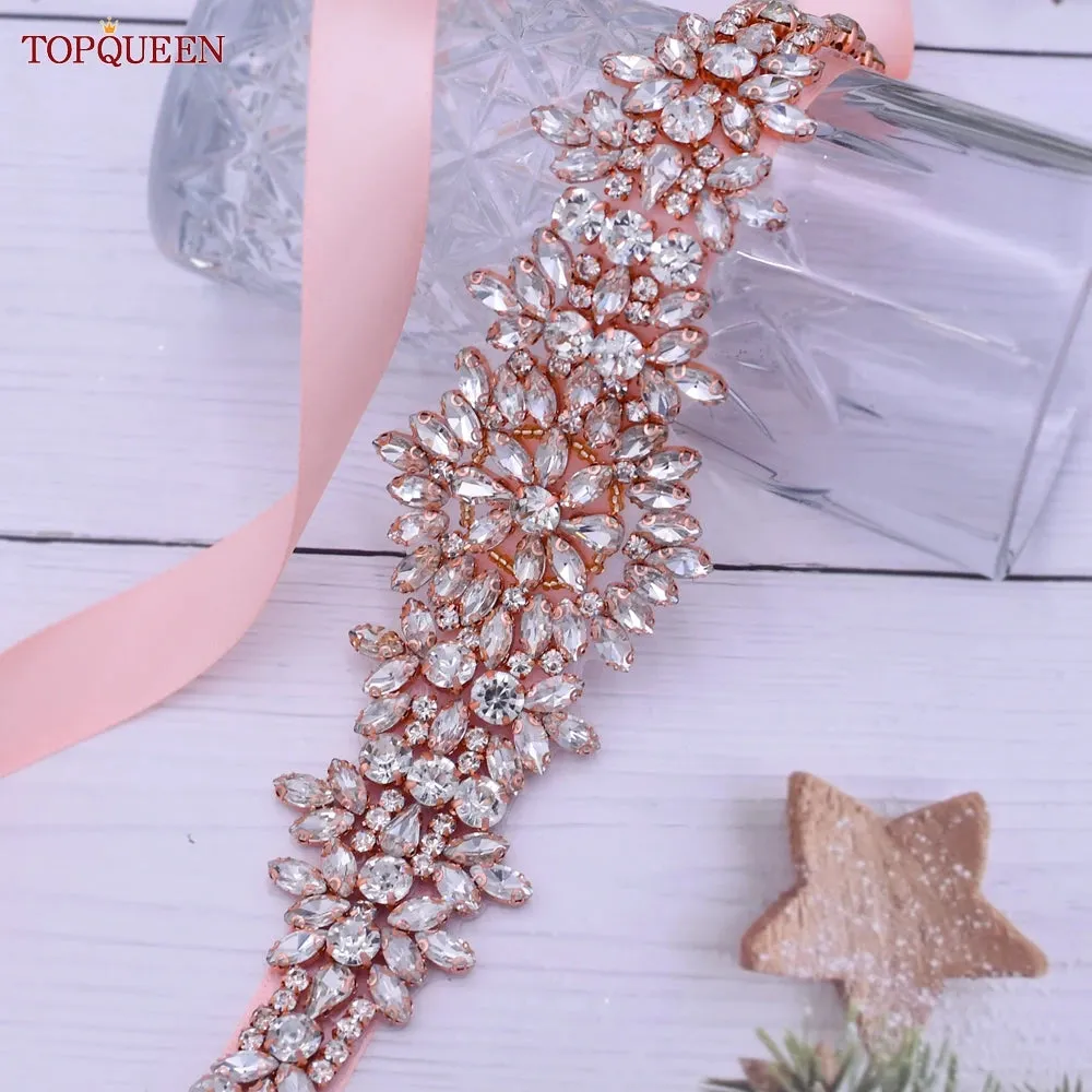 TOPQUEEN S319-RG Rose Gold Belt Full Rhinestone Ladies Wedding Party Stones Sash Women Dress Bride Accessories Gown Applique