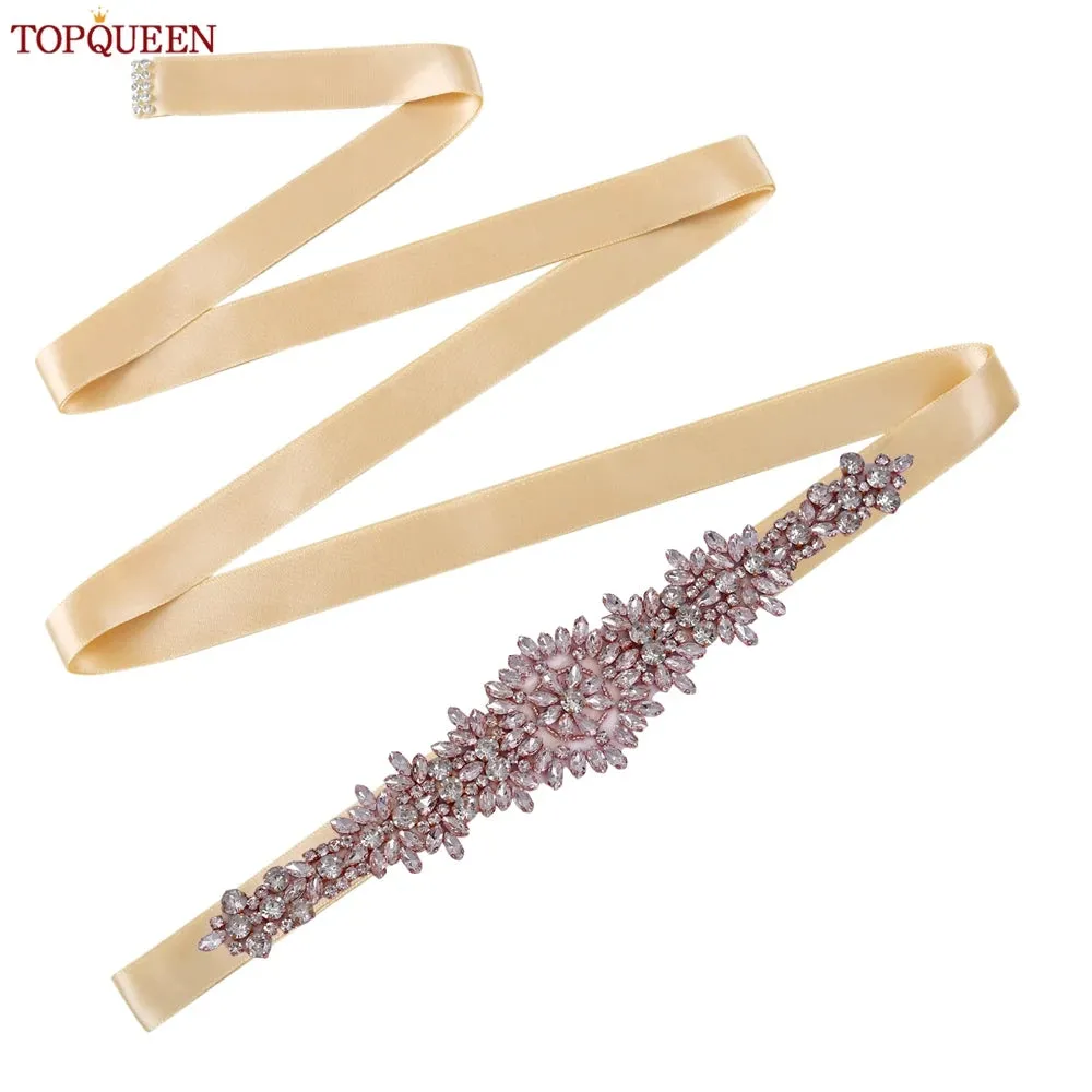 TOPQUEEN S319-RG Rose Gold Belt Full Rhinestone Ladies Wedding Party Stones Sash Women Dress Bride Accessories Gown Applique