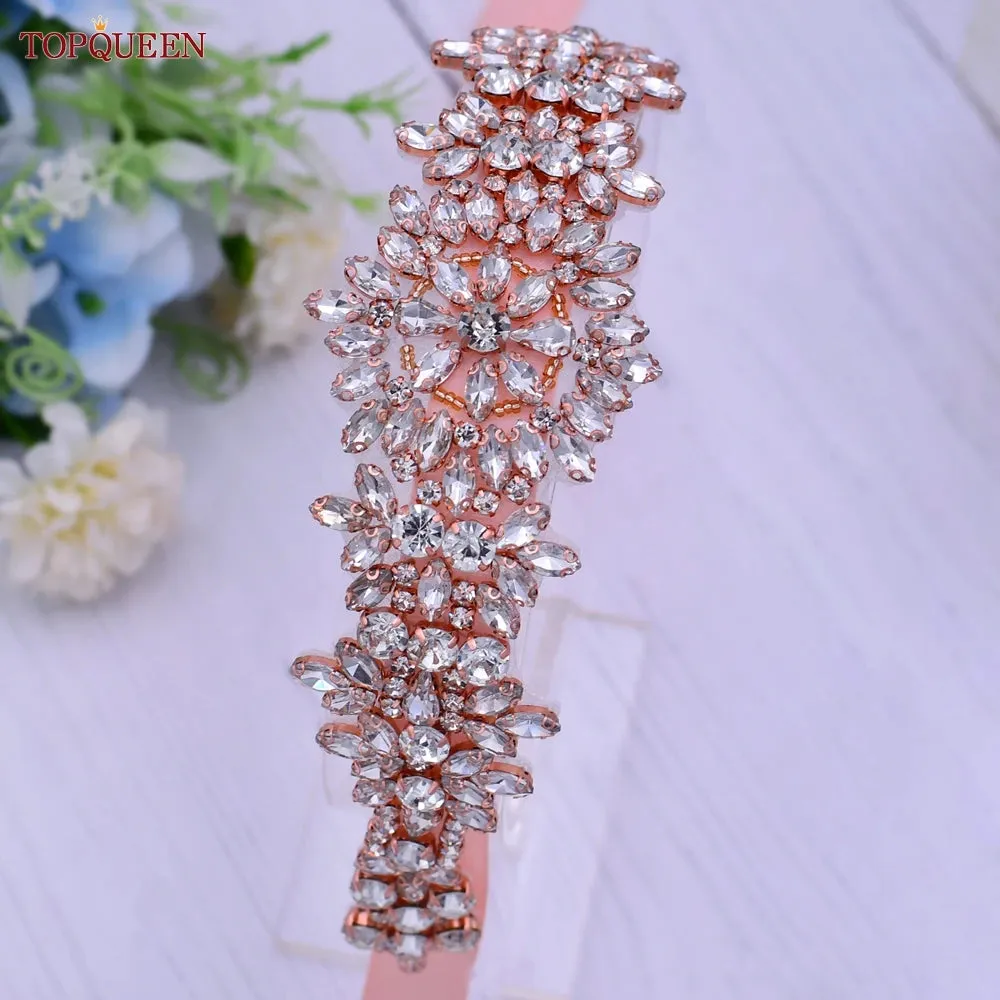 TOPQUEEN S319-RG Rose Gold Belt Full Rhinestone Ladies Wedding Party Stones Sash Women Dress Bride Accessories Gown Applique
