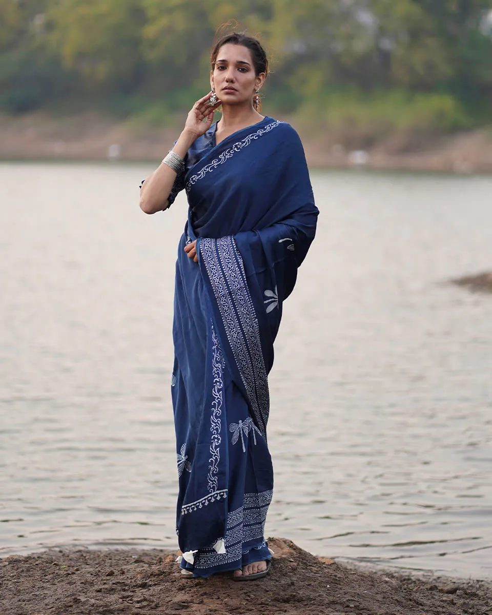 Urmi Blockprinted Modal Silk Saree - Jaisal