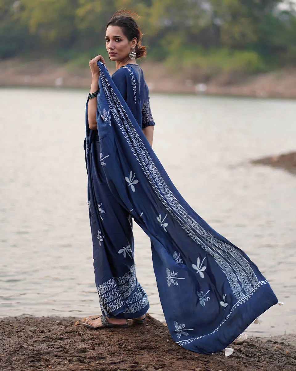 Urmi Blockprinted Modal Silk Saree - Jaisal