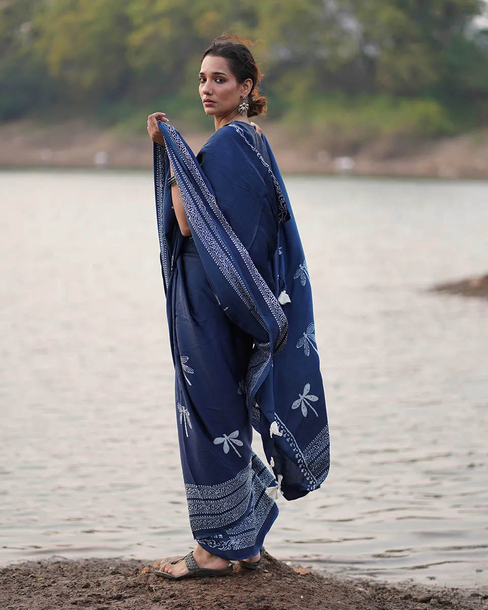 Urmi Blockprinted Modal Silk Saree - Jaisal