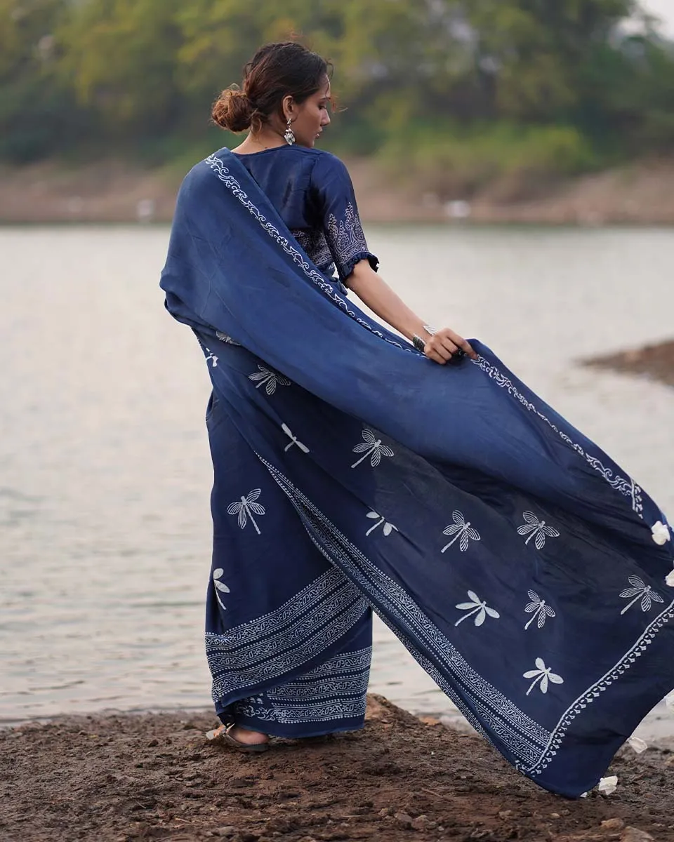 Urmi Blockprinted Modal Silk Saree - Jaisal