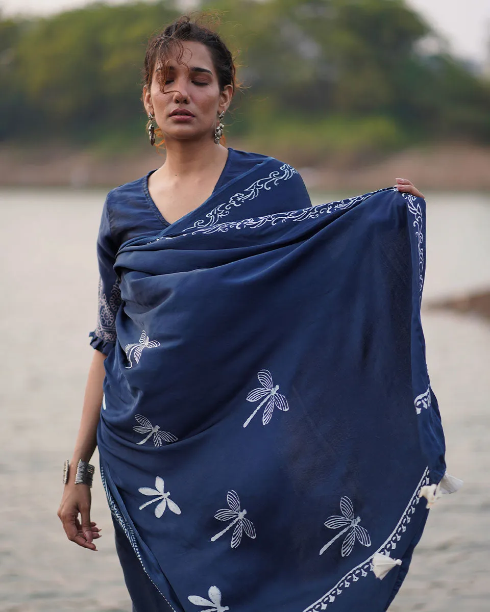 Urmi Blockprinted Modal Silk Saree - Jaisal