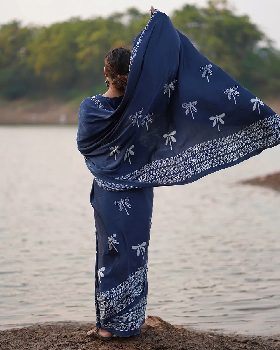 Urmi Blockprinted Modal Silk Saree - Jaisal