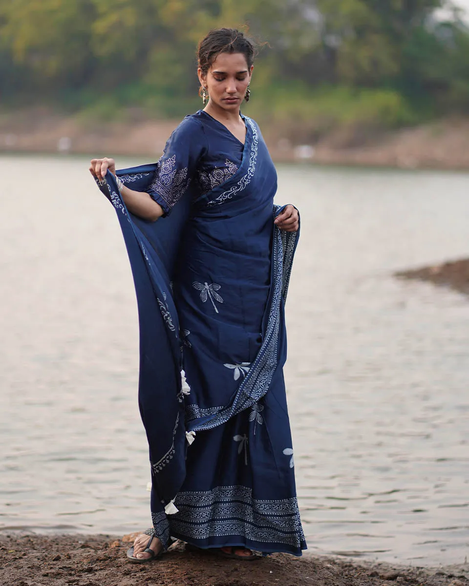 Urmi Blockprinted Modal Silk Saree - Jaisal