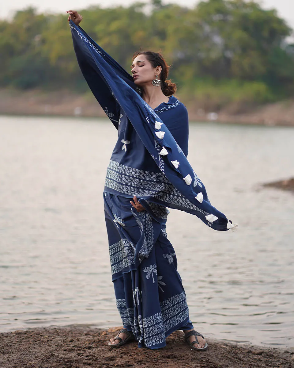 Urmi Blockprinted Modal Silk Saree - Jaisal