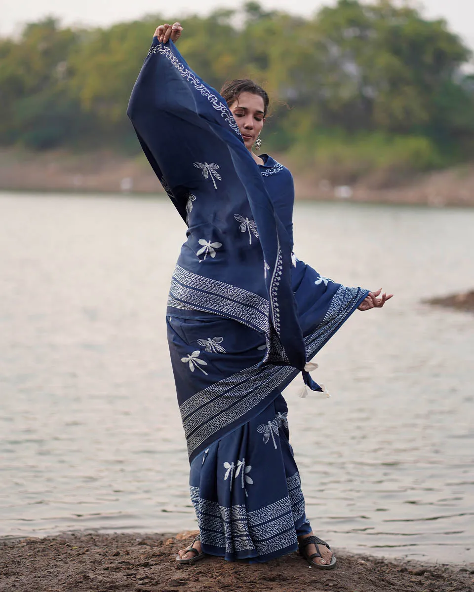 Urmi Blockprinted Modal Silk Saree - Jaisal