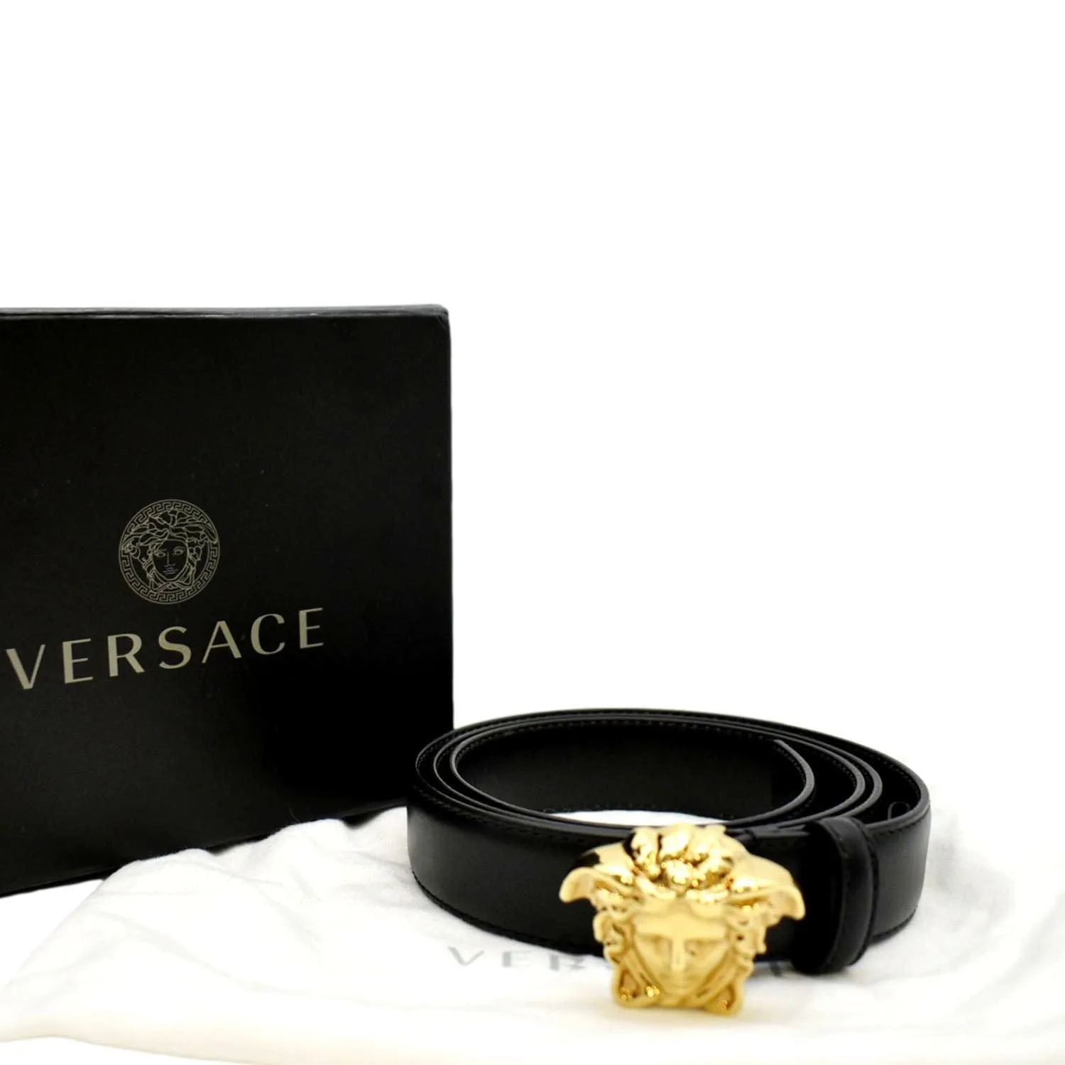 VERSACE La Medusa Buckle Calf Leather Belt Black Size 110/44