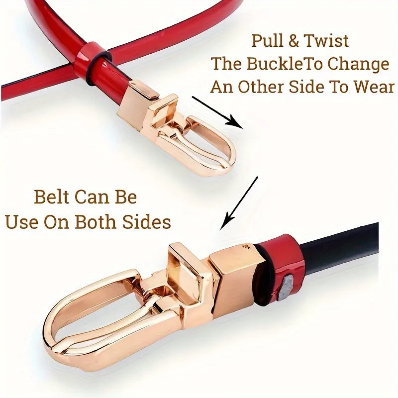 Women's Skinny Patent Leather Belts Reversible Waistband Twist Golden Buckle