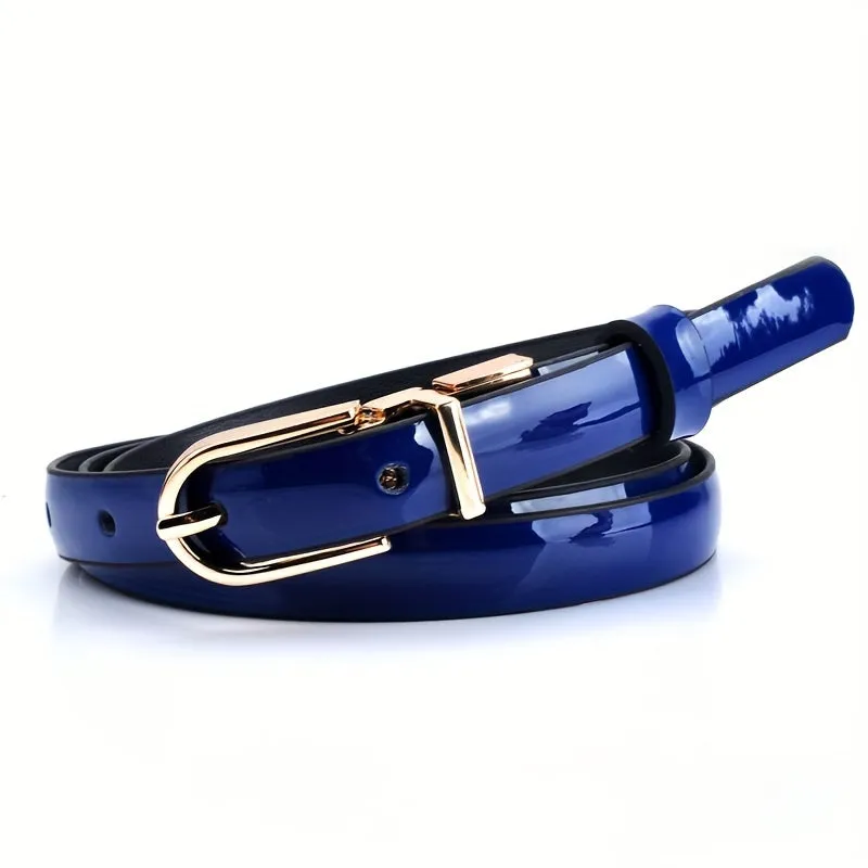 Women's Skinny Patent Leather Belts Reversible Waistband Twist Golden Buckle