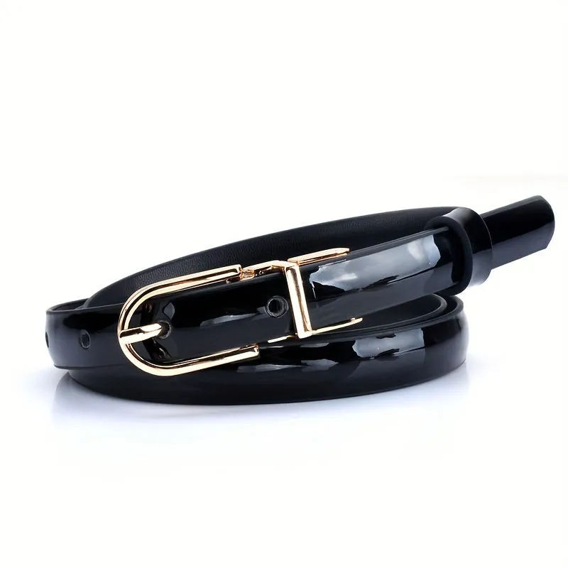 Women's Skinny Patent Leather Belts Reversible Waistband Twist Golden Buckle