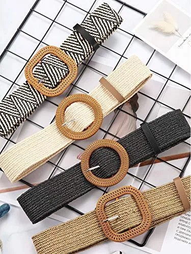 Woven Straw Elastic Waist Belt Set for Women