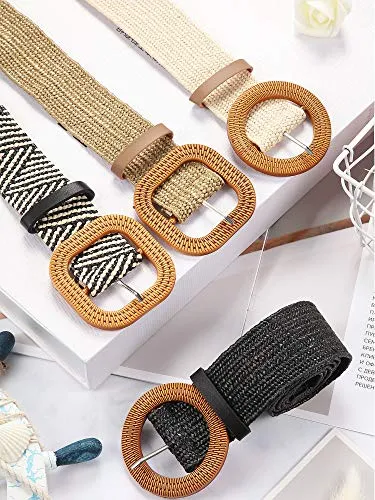 Woven Straw Elastic Waist Belt Set for Women