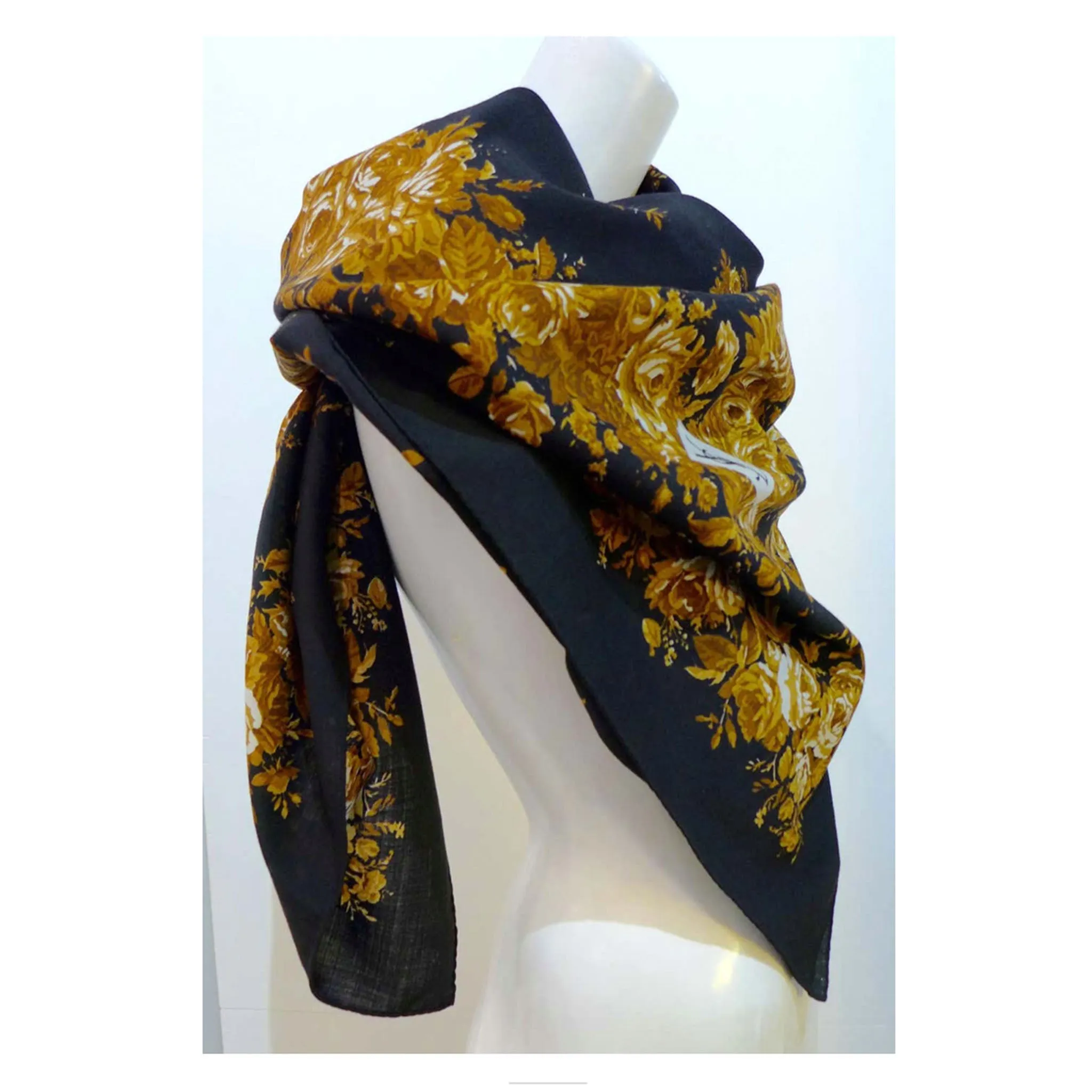 YVES SAINT LAURENT Black Floral Wool Scarf