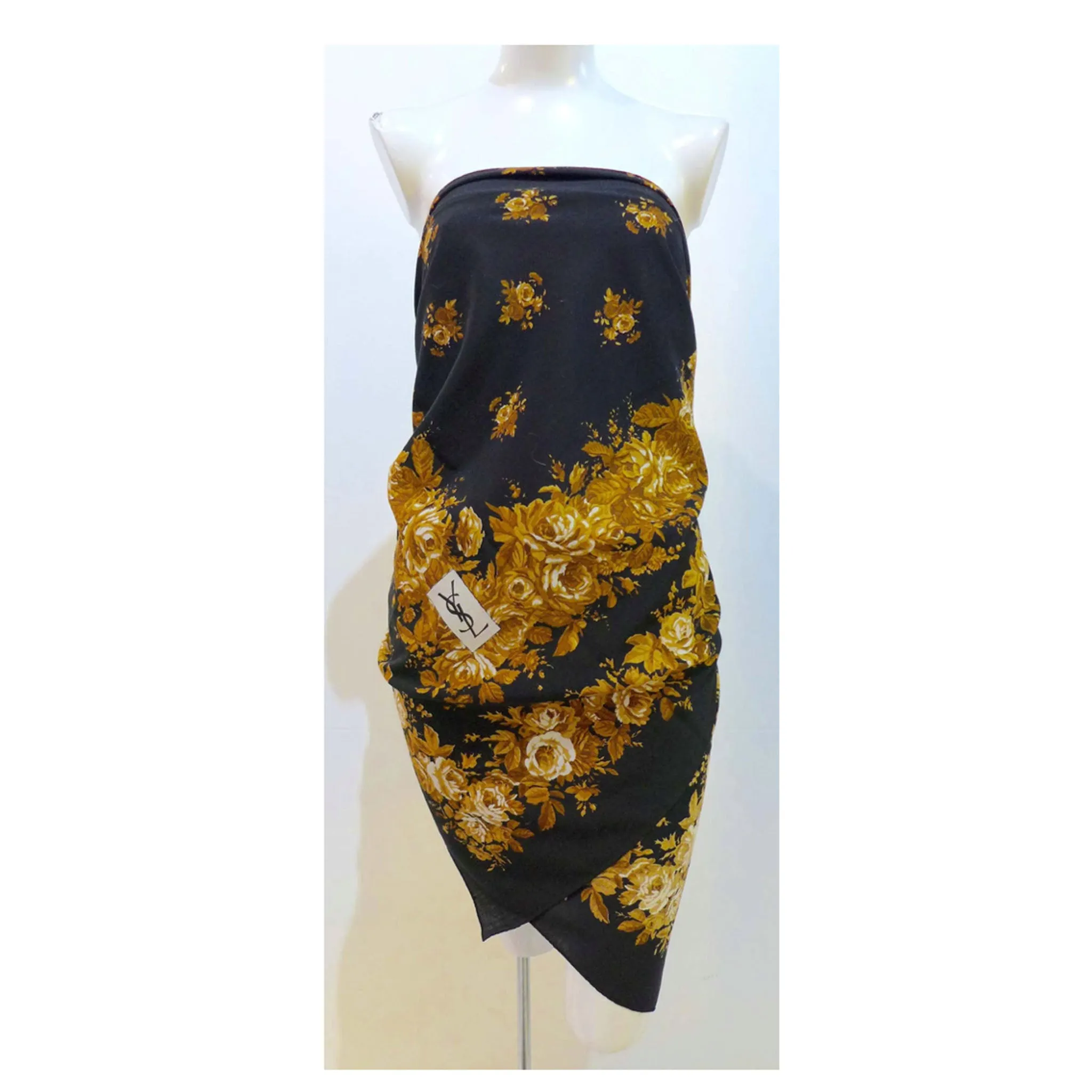YVES SAINT LAURENT Black Floral Wool Scarf