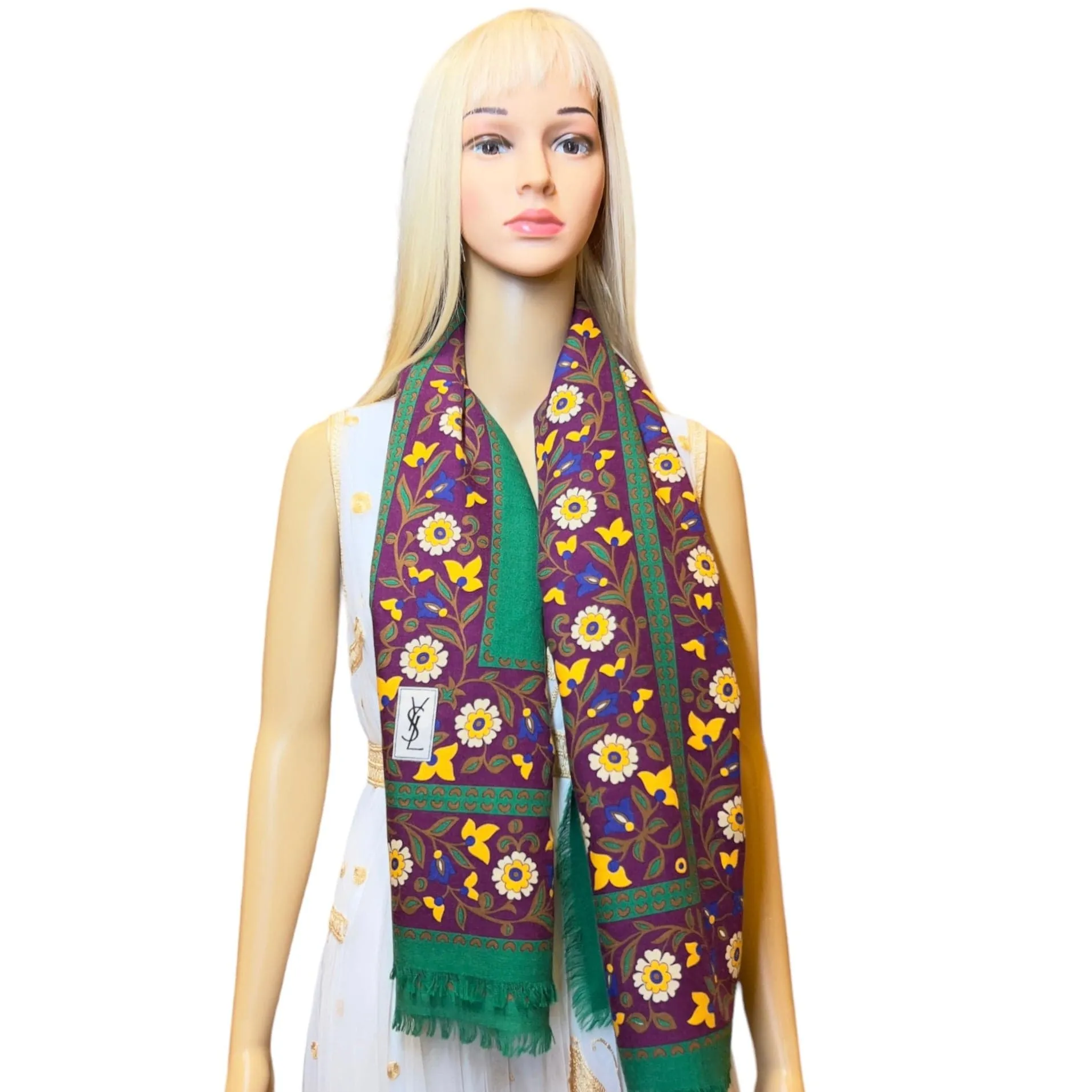 YVES SAINT LAURENT Wool Floral Scarf/Shawl - Green, Purple