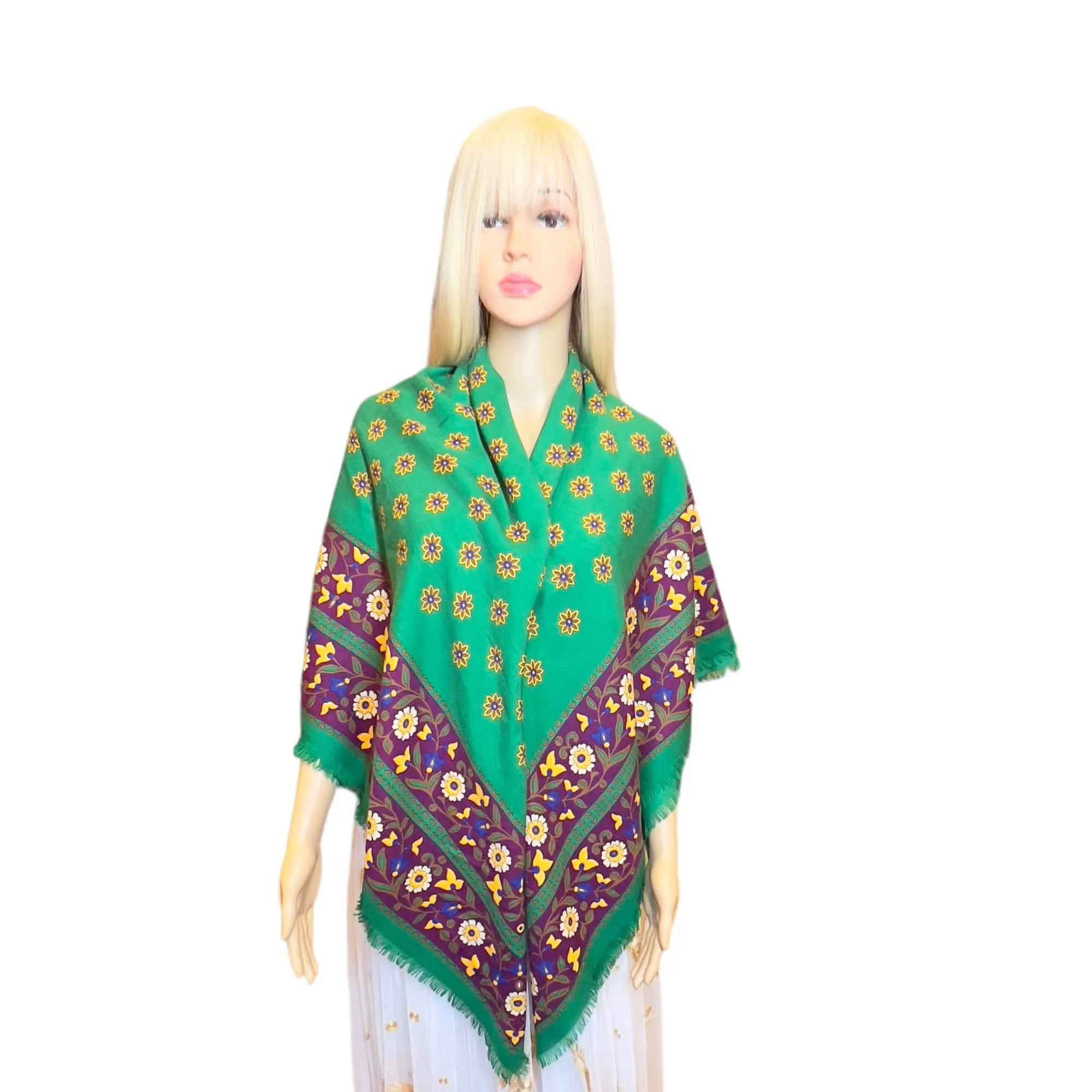 YVES SAINT LAURENT Wool Floral Scarf/Shawl - Green, Purple