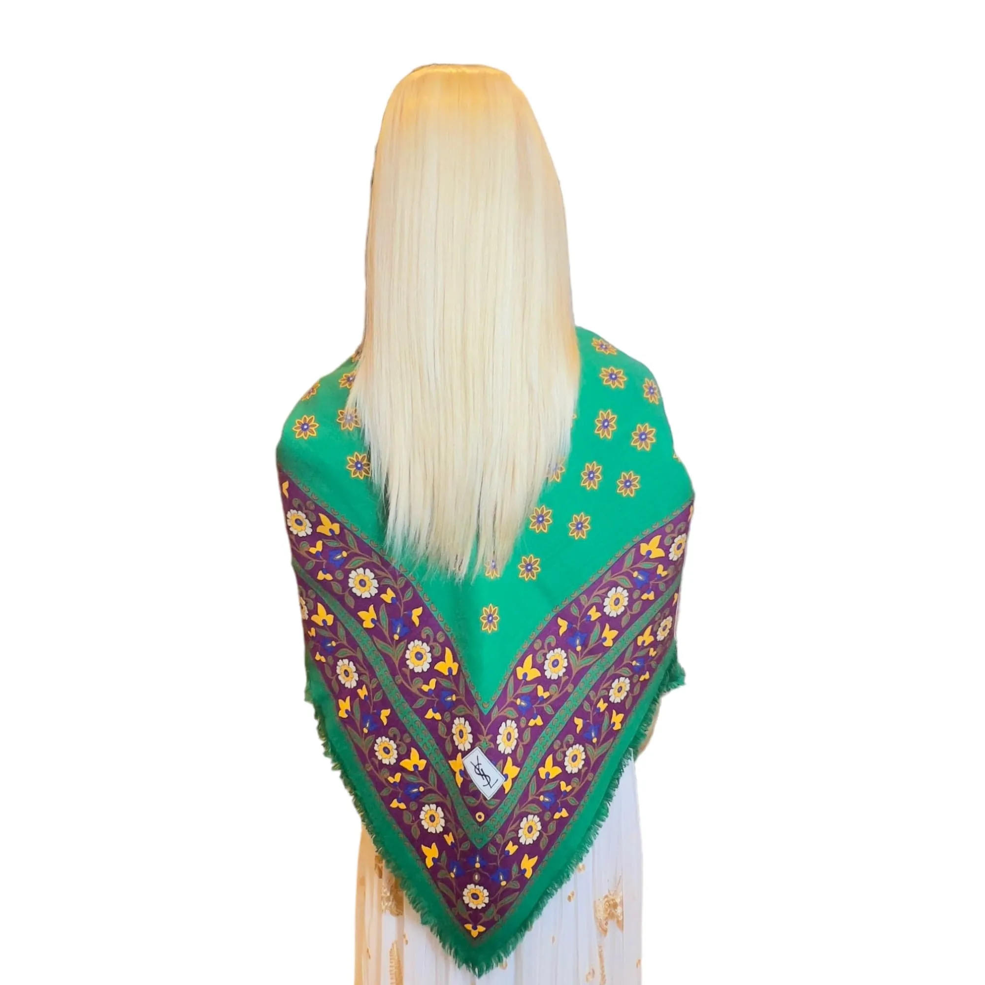 YVES SAINT LAURENT Wool Floral Scarf/Shawl - Green, Purple