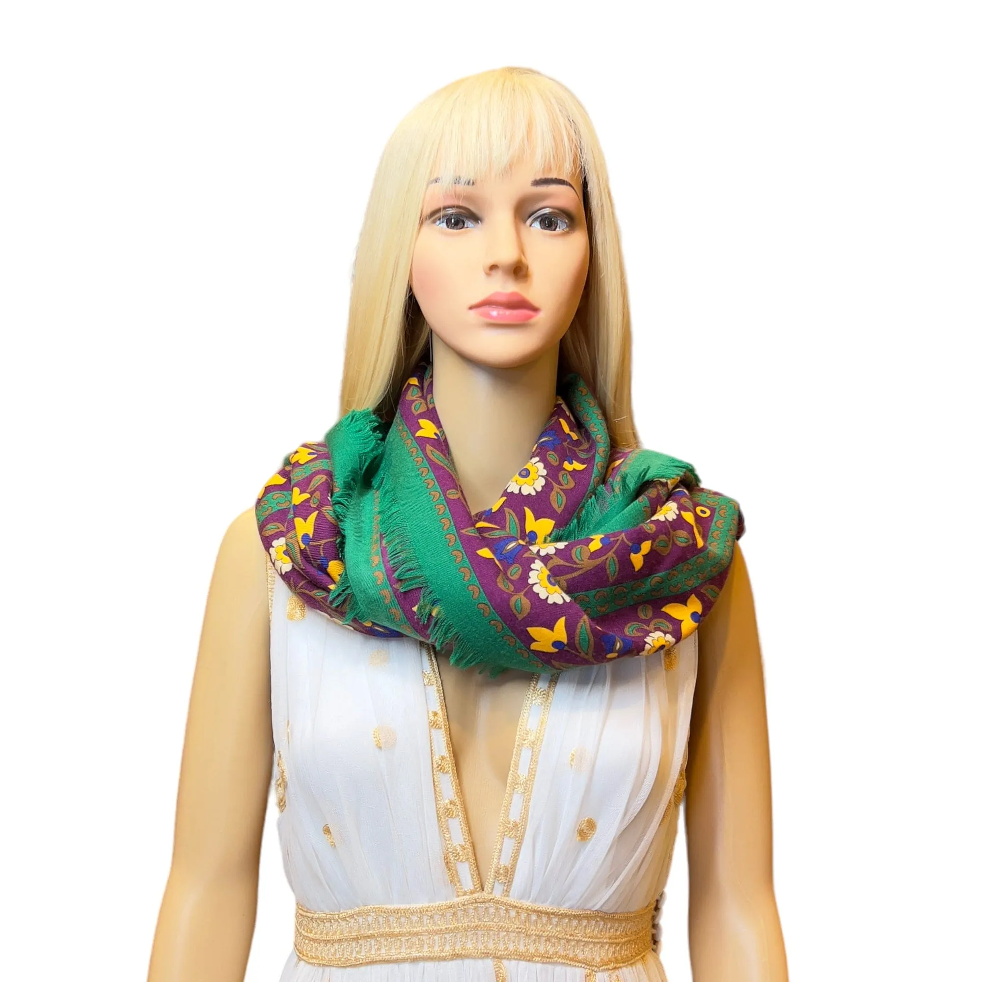 YVES SAINT LAURENT Wool Floral Scarf/Shawl - Green, Purple